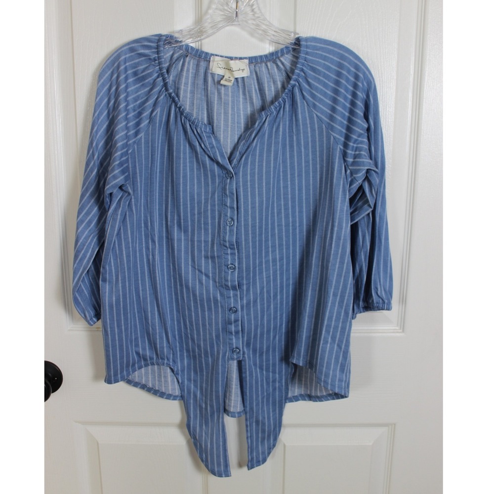 French Laundry Women's Blue Striped Tie Front 3/4 Sleeve‎ Blouse Top